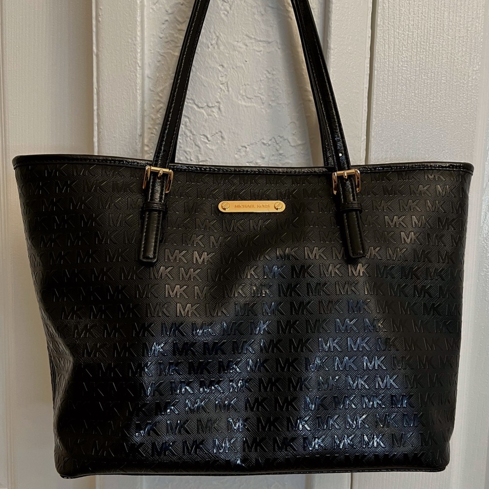 Michael Kors Black Patent Leather Logo Tote